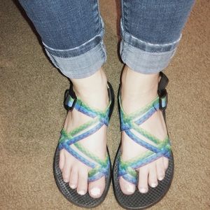 Blue and Green Toe Chacos